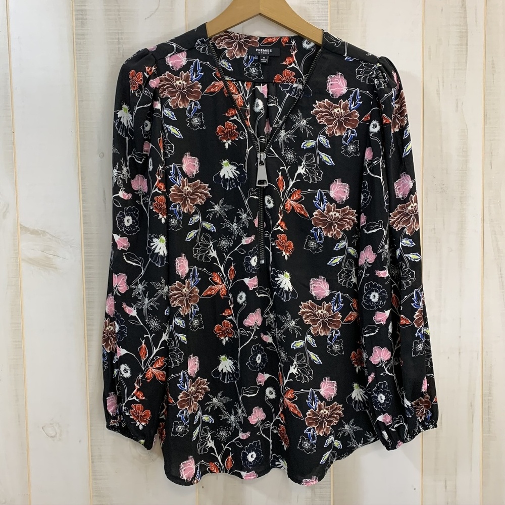 Premise Studio Black Floral Zipper Trim Blouse M - Picture 1 of 3